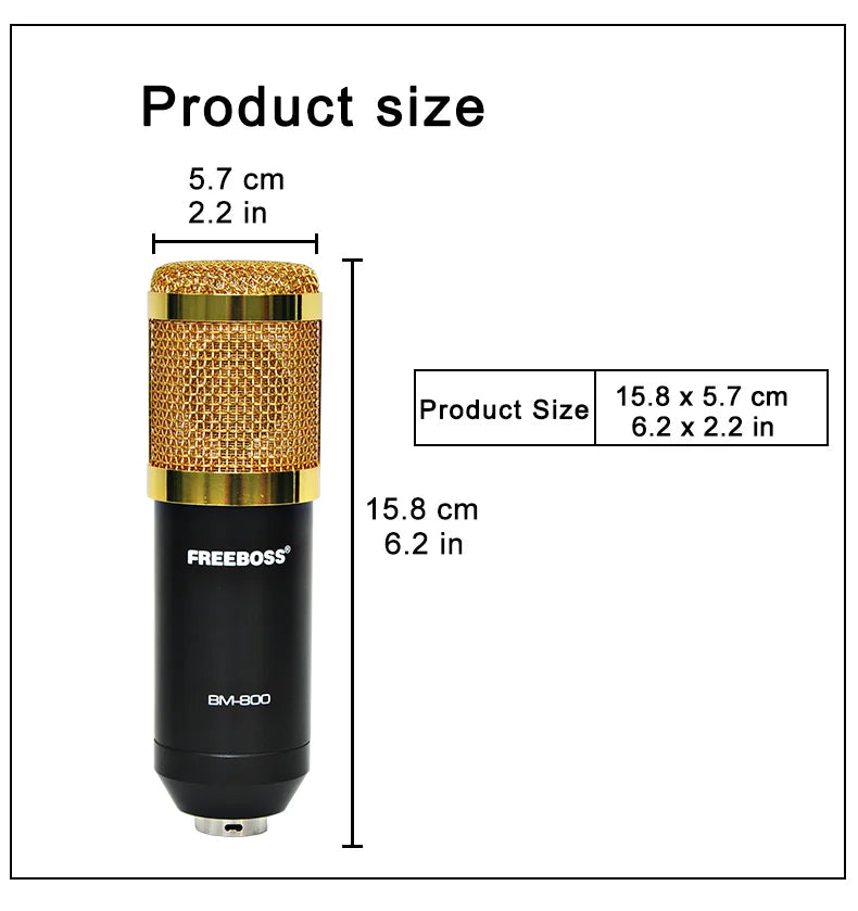 Freeboss BM-800 Kondensatormikrofon-kit med arm och stöttålig fäste för dator