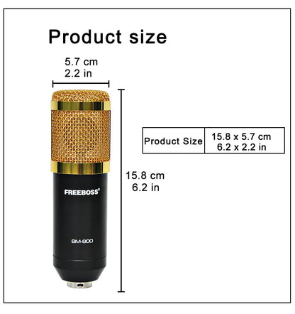 Freeboss BM-800 Kondensatormikrofon-kit med arm och stöttålig fäste för dator