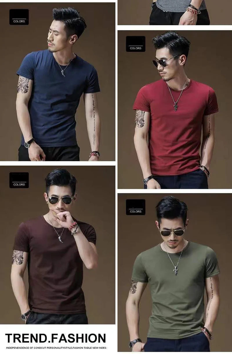 2026 Men's T Shirt Pure Color V Collar Short Sleeved Tops Tees Men T-Shirt Black Tights Man T-Shirts Fitness For Male Clothes