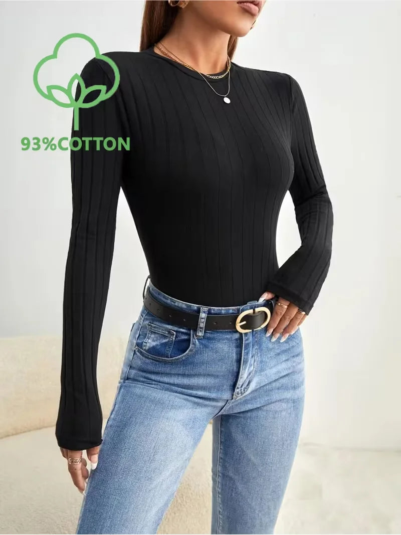 Solid Color Casual Long-sleeve Ribbed Bodysuit, Comfortable High-stretch Large Ribbed Top