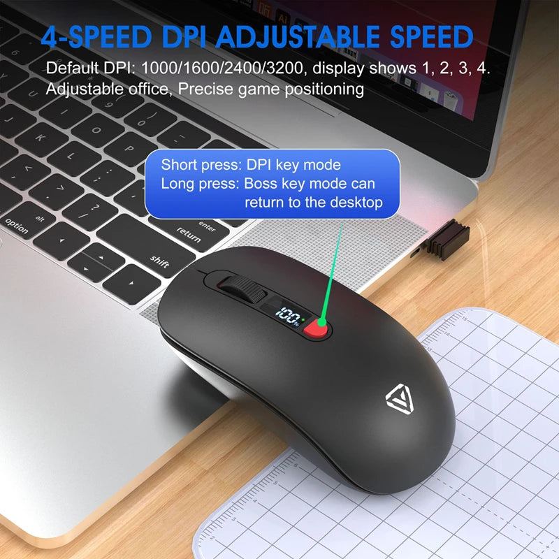 Trådlös Mus Bluetooth + 2,4G S201B – Smart Batteri-display Tyst Klick 3200 DPI USB-C Laddning Laptop PC 2026
