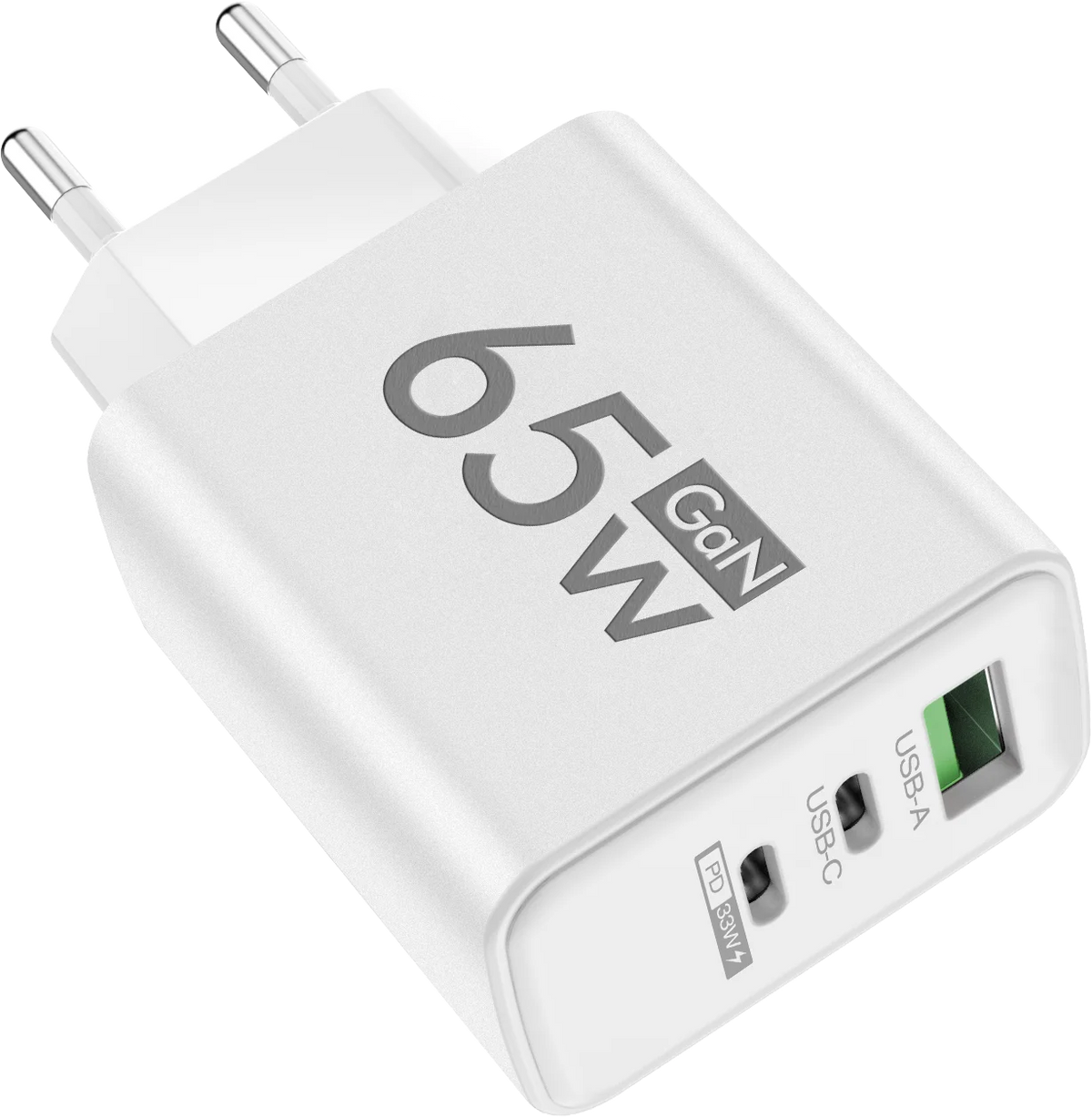 65W GaN-laddare med 3 Portar – USB-C PD och QC 3.0, Kompatibel med iPhone, Samsung och Xiaomi