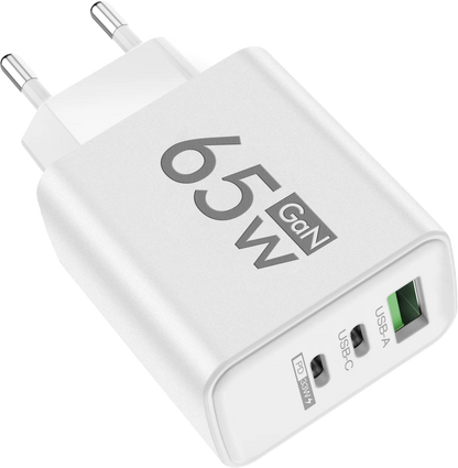 65W GaN-laddare med 3 Portar – USB-C PD och QC 3.0, Kompatibel med iPhone, Samsung och Xiaomi