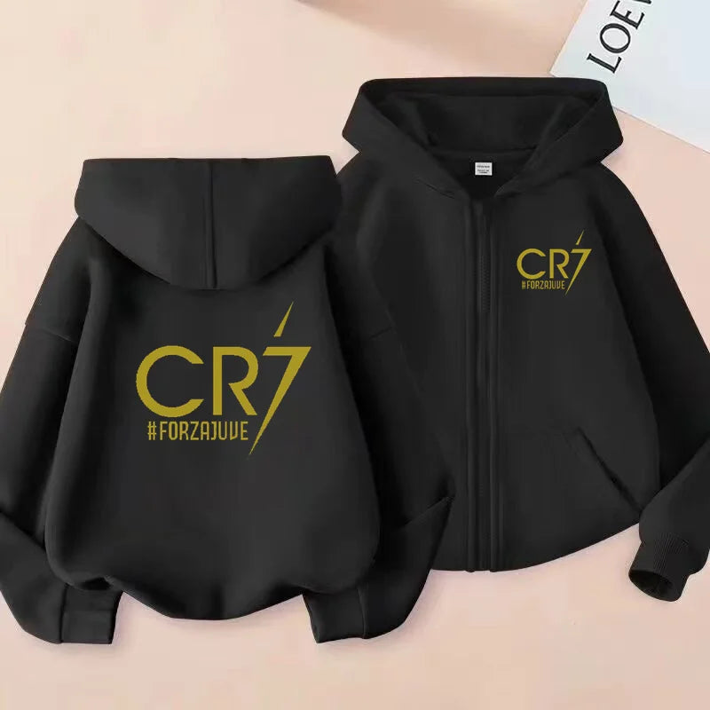 Children Football Hoodie Letter CR7 Zipper Style Coat Sweatshirt Boys Girls 3-12Yrs Long sleeves Loose Top Casual Sports Clothes