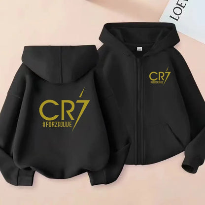 Children Football Hoodie Letter CR7 Zipper Style Coat Sweatshirt Boys Girls 3-12Yrs Long sleeves Loose Top Casual Sports Clothes
