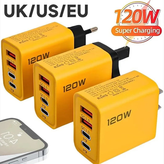 120W Väggladdare med 4 Portar – Dual USB-C PD och Dual USB-A QC 3.0, EU/US/UK-kontakt