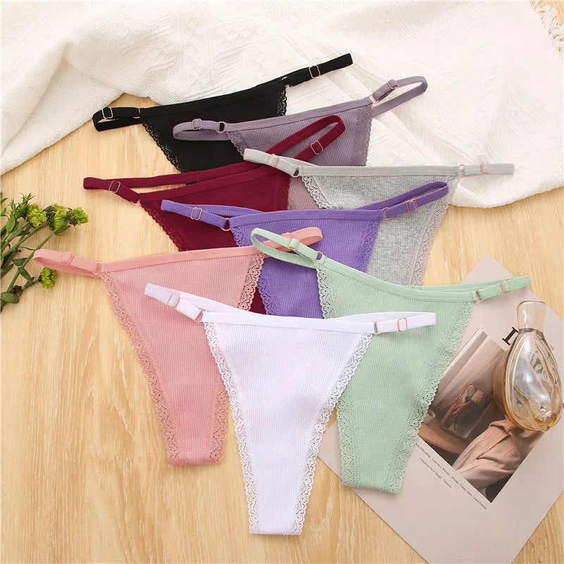 4Pc G-String Cotton Lace Women Thongs Lingerie Low Rise Panties Adjustable Waistband Straps Hipster Underwear For Girl Intimates