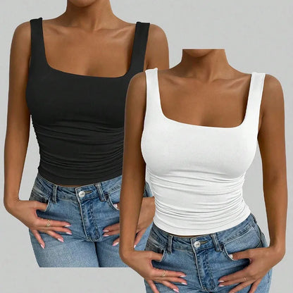 Women Square Neck Tank Top Summer Sleeveless Sexy Slim Fit Y2K Crop Top Female Black White Casual Basic Tight T-Shirt
