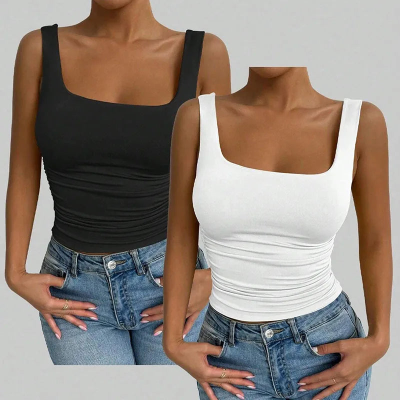 Women Square Neck Tank Top Summer Sleeveless Sexy Slim Fit Y2K Crop Top Female Black White Casual Basic Tight T-Shirt