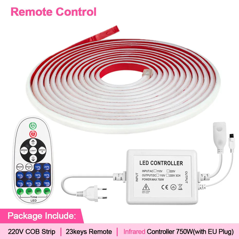 220V COB LED-ljusslinga – Tuya WiFi/Bluetooth/Fjärr, IP65, 288 LED/m, 0,5–50M, EU-kontakt