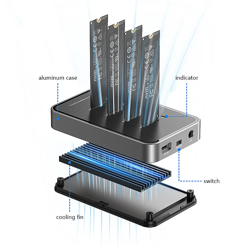 Blueendless 4 Bay M.2 NVMe/SATA SSD Docking Station Type C USB3.1 10Gbps M2 NVMe PCIe SATA NGFF Dual Protocol Aluminum SSD Case