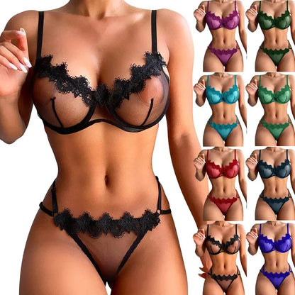 Tornova Sexy Lingerie Set Solid Color Lace See-through Underwear 2 Piece Set Lace Patchwork Mesh Interesting Women's Underwear