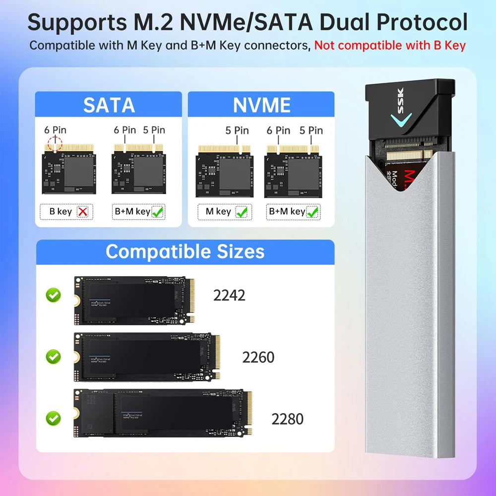 SSK M.2 NVME SATA SSD Enclosure Adapter USB 3.2 10Gbps Aluminum Enclosure External Hard Drive Case Support UASP Trim for PC Case