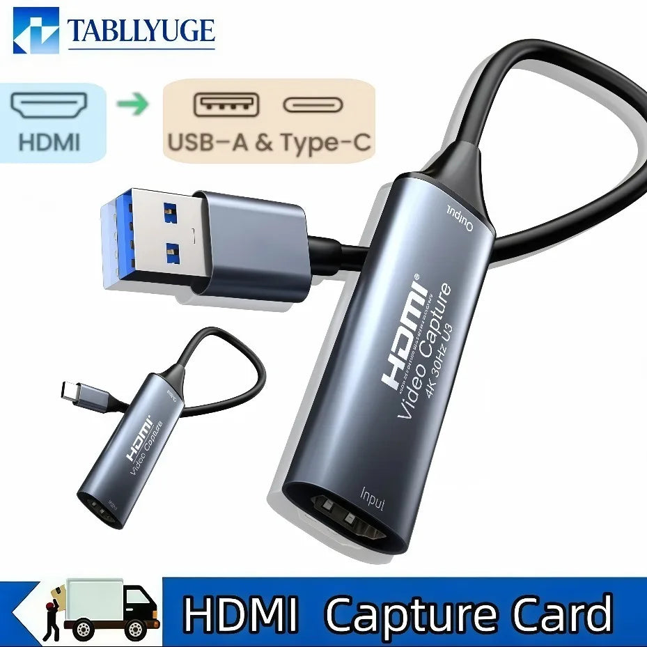 HDMI Capture Card USB-C/USB 2.0/3.0 – 4K ingång, 1080p/60Hz utgång, Plug-and-play för PC, Android & Mac