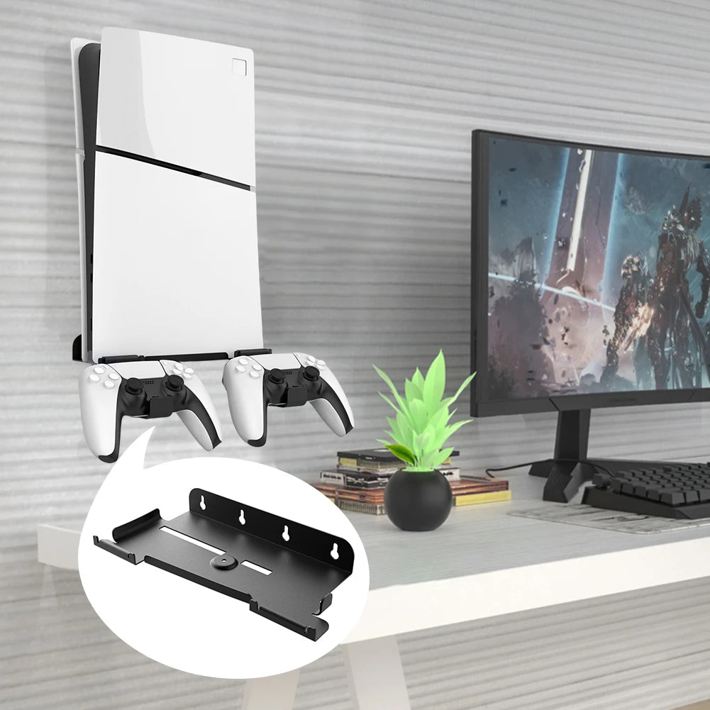 Wall Mount Bracket Display Stand Base with Controller Holder Wall Hanging Stand for PS5 Slim Digital Edition and Disc Edition