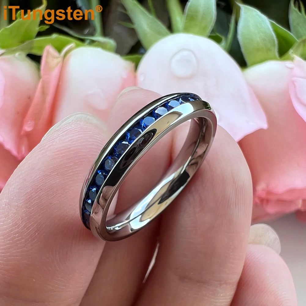 ITungsten 2/3/4mm Men Women Titanium Princess Cubic Zirconia CZ Inlay Ring Nice Eternity Engagement Wedding Band