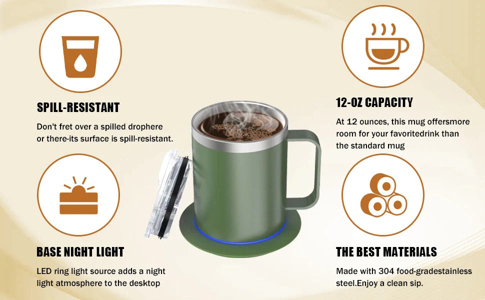 Self-Heating Coffee Mug - 12oz USB Electric Heated Mug Heat 131-149℉ Smart Warming Travel Mug Double Layer Food Grade Cup Warmer