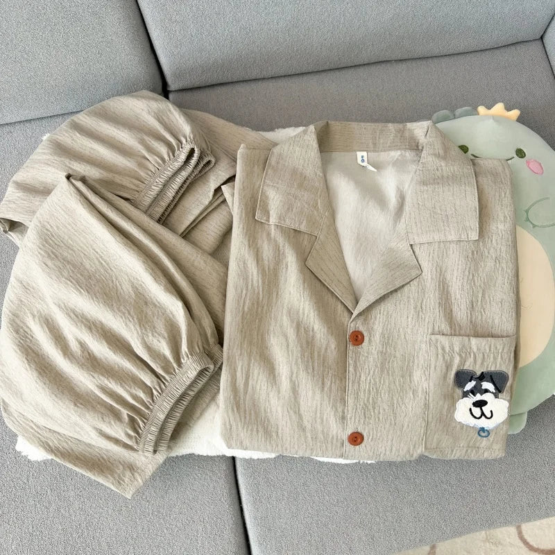 High Quality Khaki with Embroidered Dogs Couples Homewear Women's Pajamas Set Cute Casual Short-Sleeve 3 Piece Men Pajamas Set