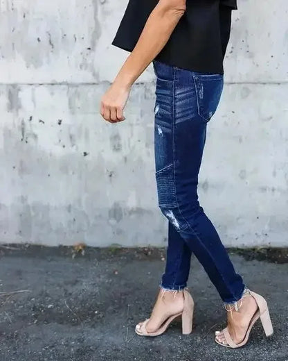 Women Jeans Denim Pencil Pants Pockets Streetwear Slim Mom Holes Punk Sexy Sheath High Waist Washing Distressed Ankle Length