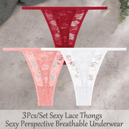 3Pcs/Set Sexy Lace Floral Panties For Women Solid Color Transparent Underwear Female Lace Perspective Hollow Out G-string Thongs