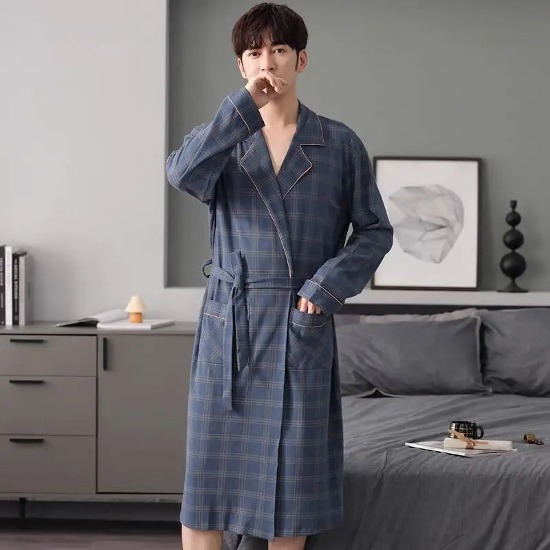 Herr Badrock Lång Kimono – 100% Bomull Rutig Höst, 6 Motiv M–4XL