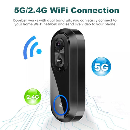 Dual-band WiFi Dörrklocka 1080P – Tuya, IP65, 7000mAh, Röstförvrängning, PIR, USB-chime