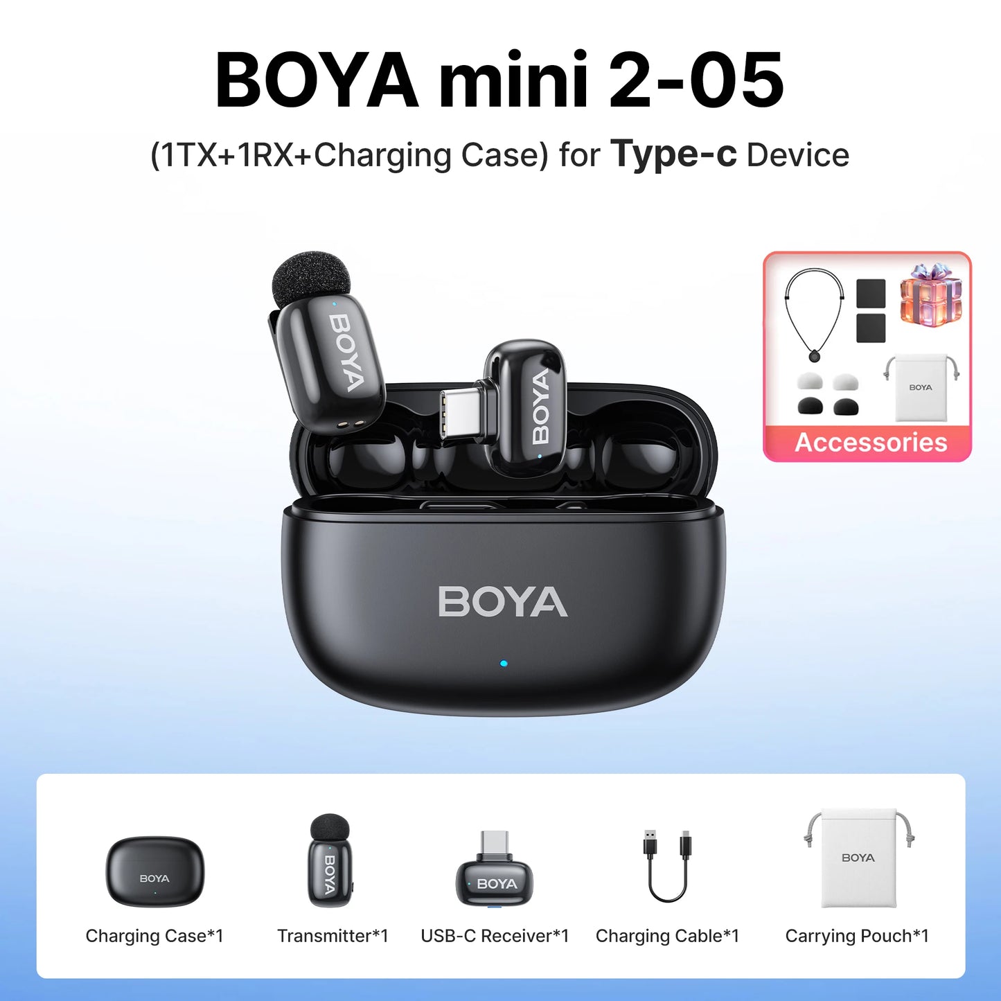 BOYA Mini 2 Wireless Lavalier Microphone AI Noise Reduction Mini Mic for iPhone 6-14/15-17 USB-C Android Phone Video Recording