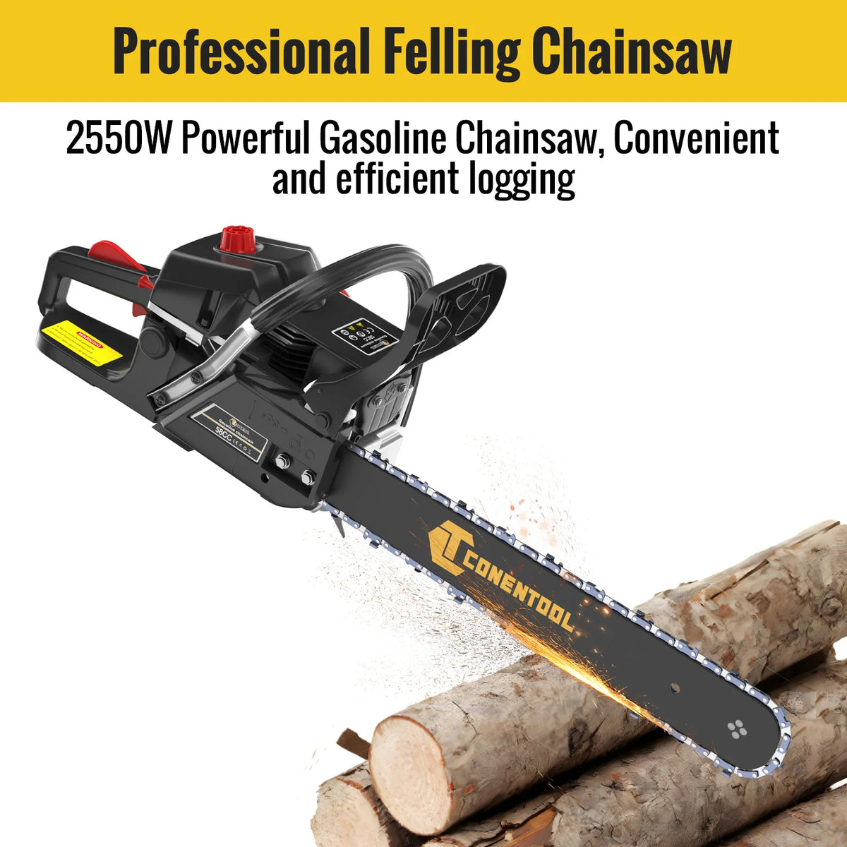 CONENTOOL 58CC 18 Inch Gas Chainsaw 2-Stroke Petrol Chain Saw 2.55kW 11500RPM Wood Cutter for Tree Cutting Firewood Logging Garden Tool