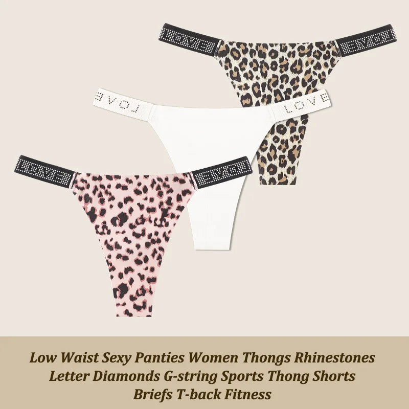 3Pcs/Set Low Waist Sexy Panties Women Thongs Rhinestones Letter Diamonds G-string Sports Thong Shorts Briefs T-back Size XS-XL