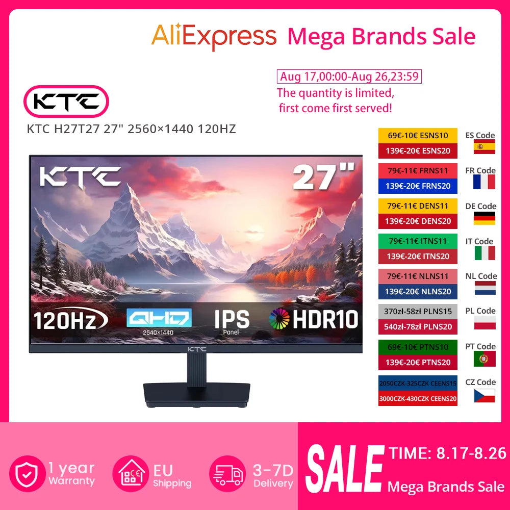 KTC H27T27 Kontorsmonitor 27" 2K QHD – Fast IPS 120Hz OC HDR FreeSync G-Sync 99% sRGB Ramlös VESA EU-lager