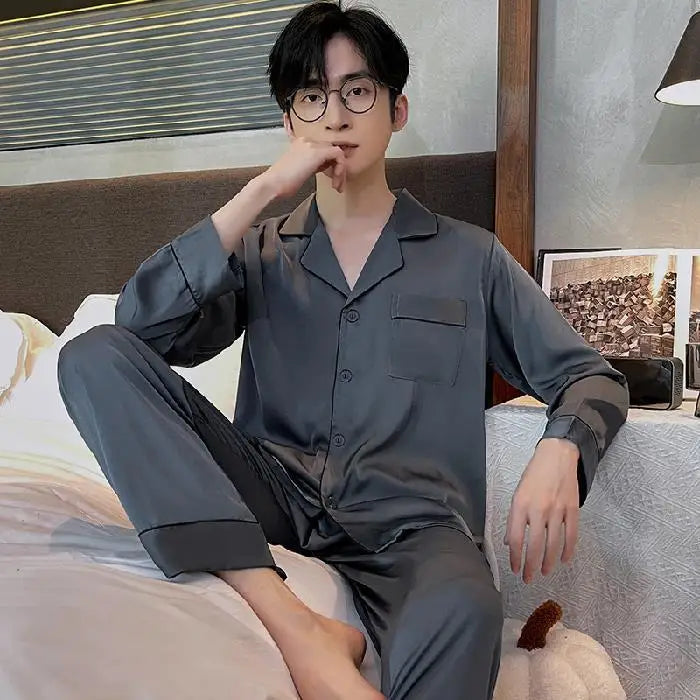 Herr Pyjamas Set Vår & Höst – Långärmad Ledig Enfargad Molnbomull 2-delad, 9 Färger L–3XL