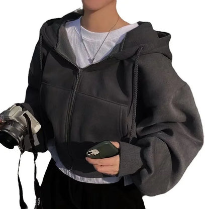 Zippered Long Sleeved Hooded Sweatshirt Loose Casual Simple Trendy Versatile Solid Color Fashionable Lazy Jacket Wholesale