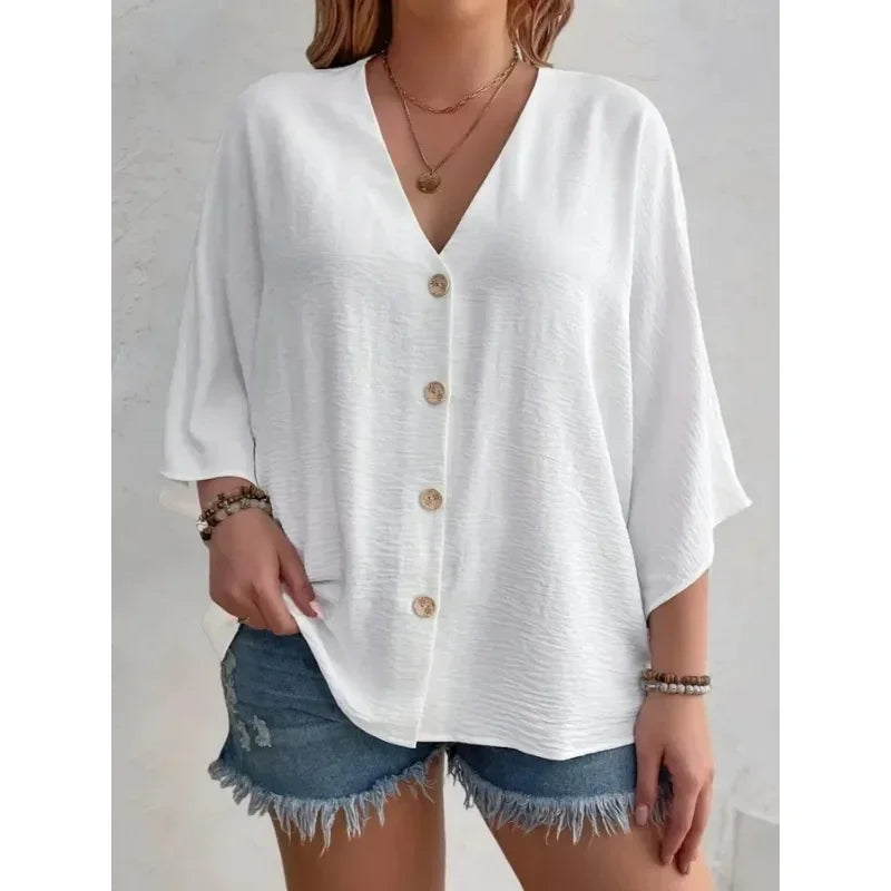 Plus-size Women's T-shirt Solid Color Breathable Spring/summer V-neck Button Travel Casual Wear with European and American Style