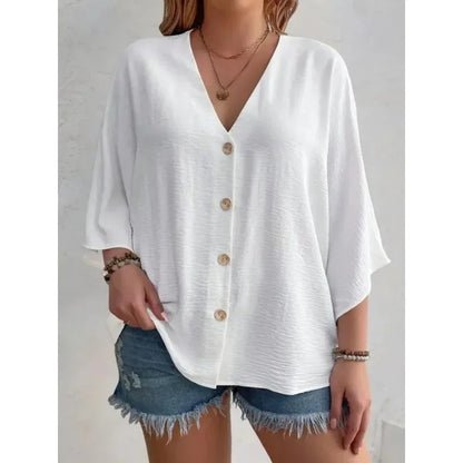 Plus-size Women's T-shirt Solid Color Breathable Spring/summer V-neck Button Travel Casual Wear with European and American Style