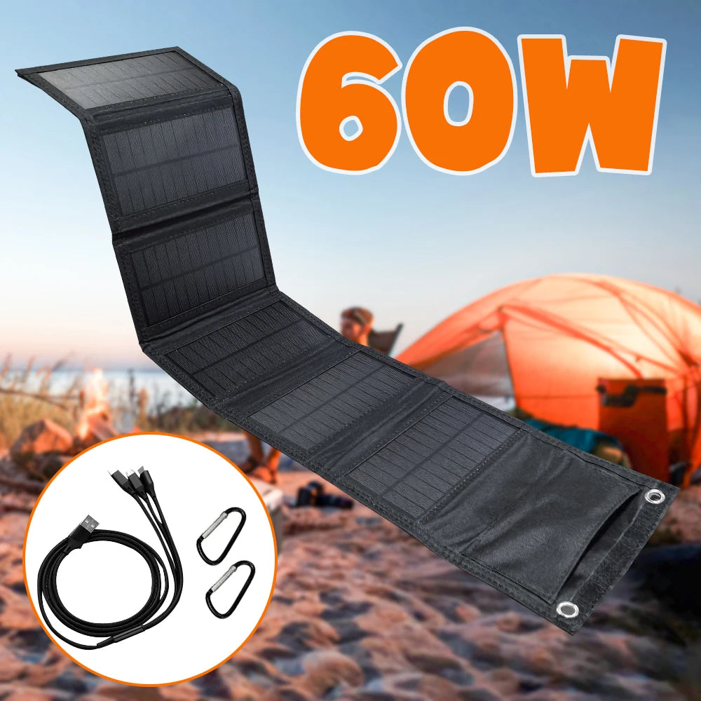 SMARAAD Hopfällbar Solpanel 60W – 6 Paneler, USB 5V, 21,8% Verkningsgrad, Kamouflage/Svart