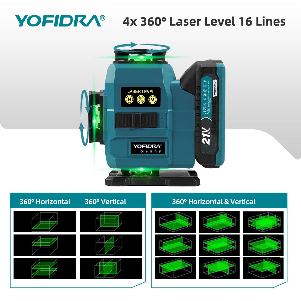 YOFIDRA 4D 16 Lines Laser Level Self-Leveling 360° Horizontal Vertical Leveling Tools With 1M Tripod For Makita 21V Battery Pin