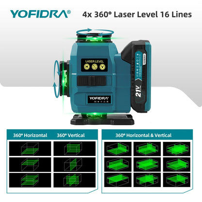 YOFIDRA 4D 16 Lines Laser Level Self-Leveling 360° Horizontal Vertical Leveling Tools With 1M Tripod For Makita 21V Battery Pin