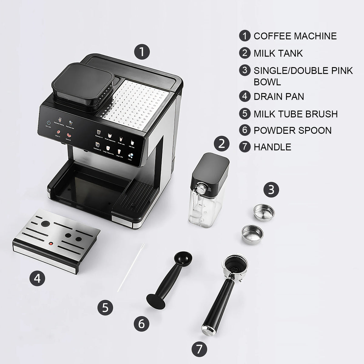 All-in-One Espresso Machine with Titanium Grinder, TFT Touchscreen, Pre-Infusion & Auto Milk Frother, Hot & Cold Brew, 8 Presets, Black/Silver