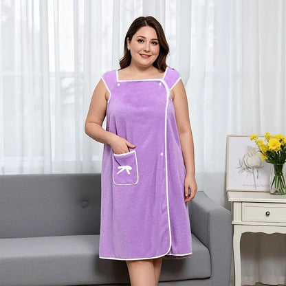1Pc Women's Plus Size Wearable Bath Towel - Cute Bow Shower Skirt, Adjustable Bath Robe with Pocket. Soft Fabric for Home Use.