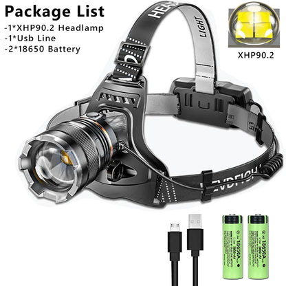XIWANGFIRE XHP90.2 Pannlampa 50W – Zoom, Rörelsesensor, Vattentålig, 100–300m, Camping & Fiske