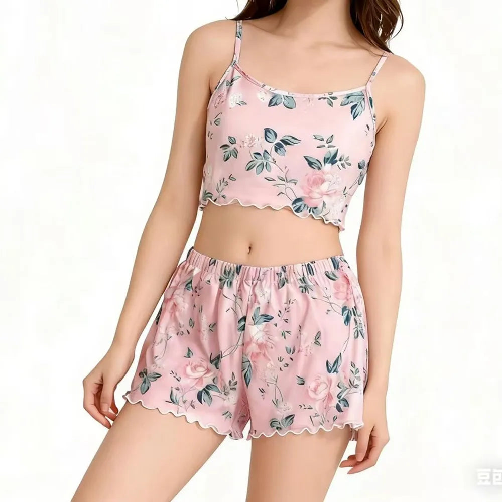Dam Pyjamas Set Is-Silk – T-shirt & Shorts, Sval Andningsbar Loungewear, 3 Färger