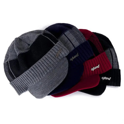 Hot Sale Unisex Warm Winter Hat With Brim Plush Fur Lined Knit Cap Sports Label Thicken Winter Hats For Men