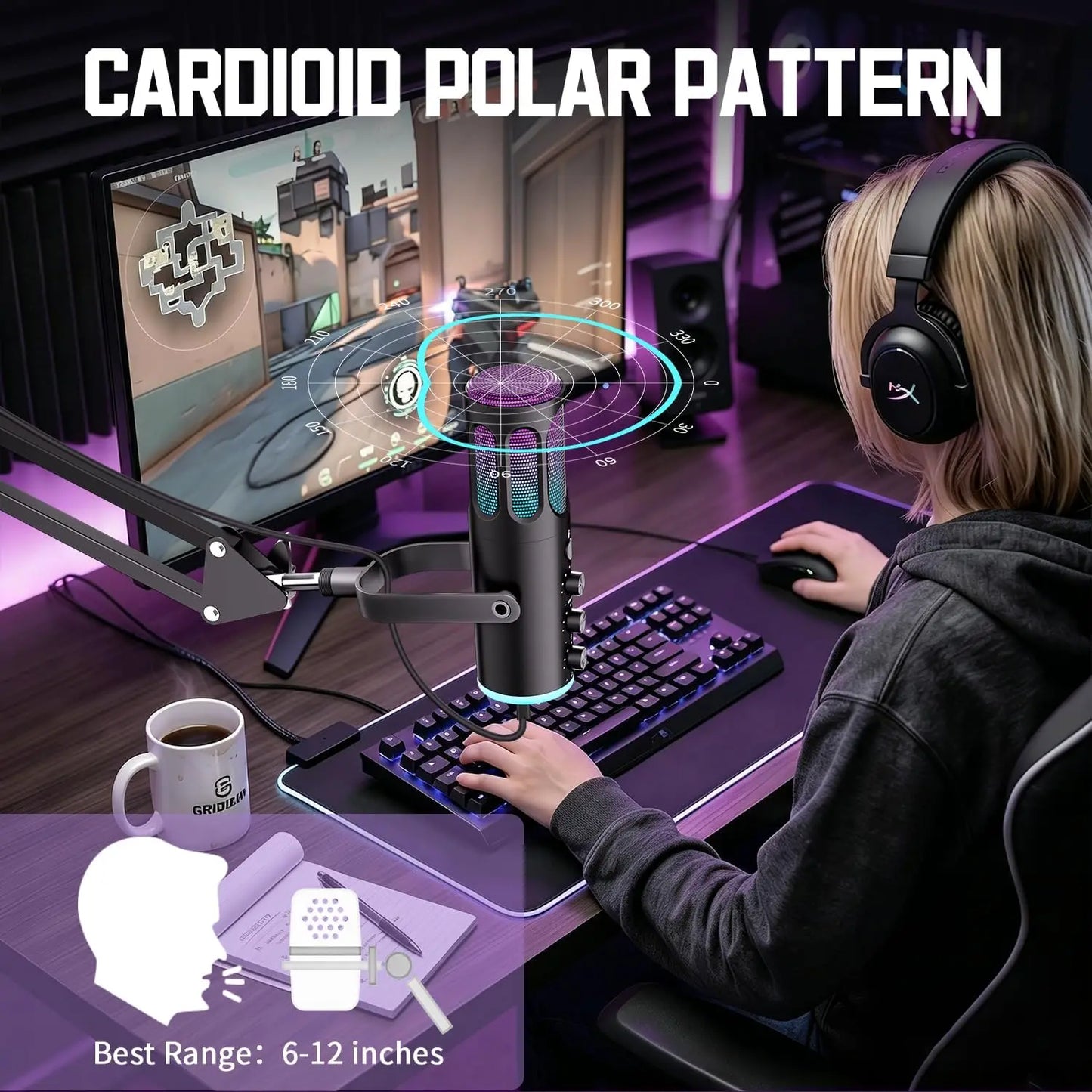 PUPGSIS Gaming USB Microphone, Noise Cancellation Condenser Mic with Mute, Gain, RGB Lights, Boom Arm Stand for Streaming, PC