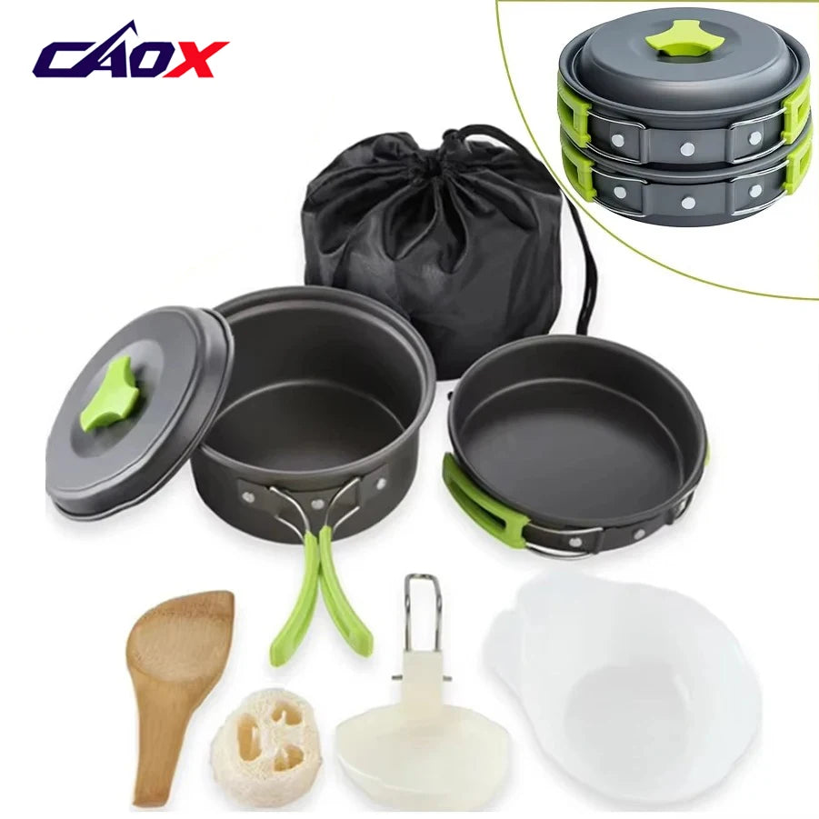 Campingkokset 9-delar – Non-Stick Aluminium, Kastrull, Panna, Skålar & Förvaringsväska, Ljusgrön