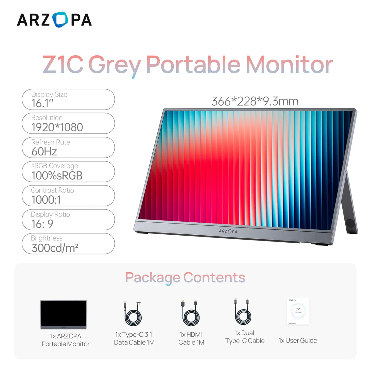 ARZOPA 16.1 inch 100% SRGB 1080P HDR Portable Monitor Mini Second Monitor External Display IPS Screen Z1C