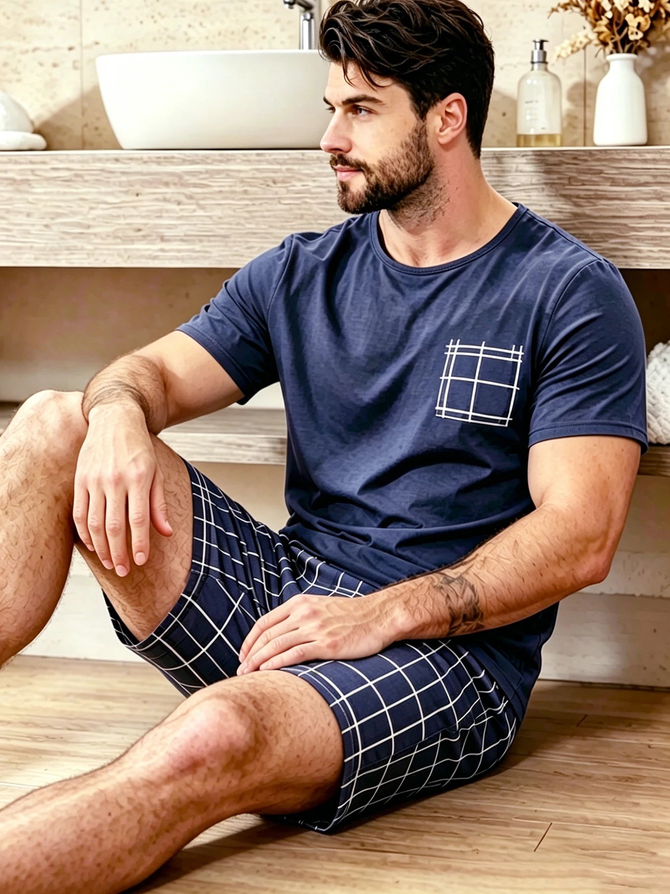 Herr Pyjamas Set Rutig – Kortärmad Topp & Shorts Hudvänlig Avslappnad, 11 Färger S–4XL