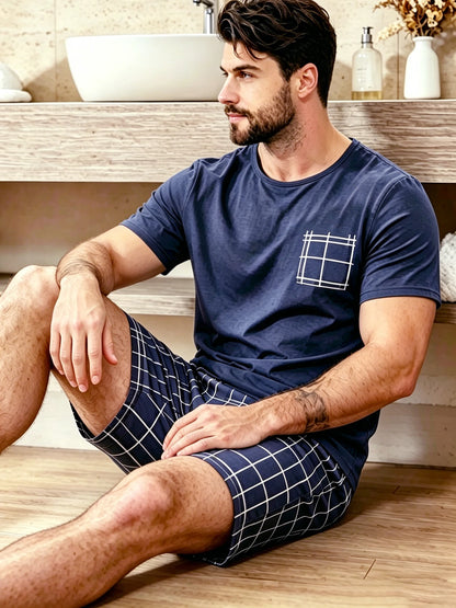 Herr Pyjamas Set Rutig – Kortärmad Topp & Shorts Hudvänlig Avslappnad, 11 Färger S–4XL