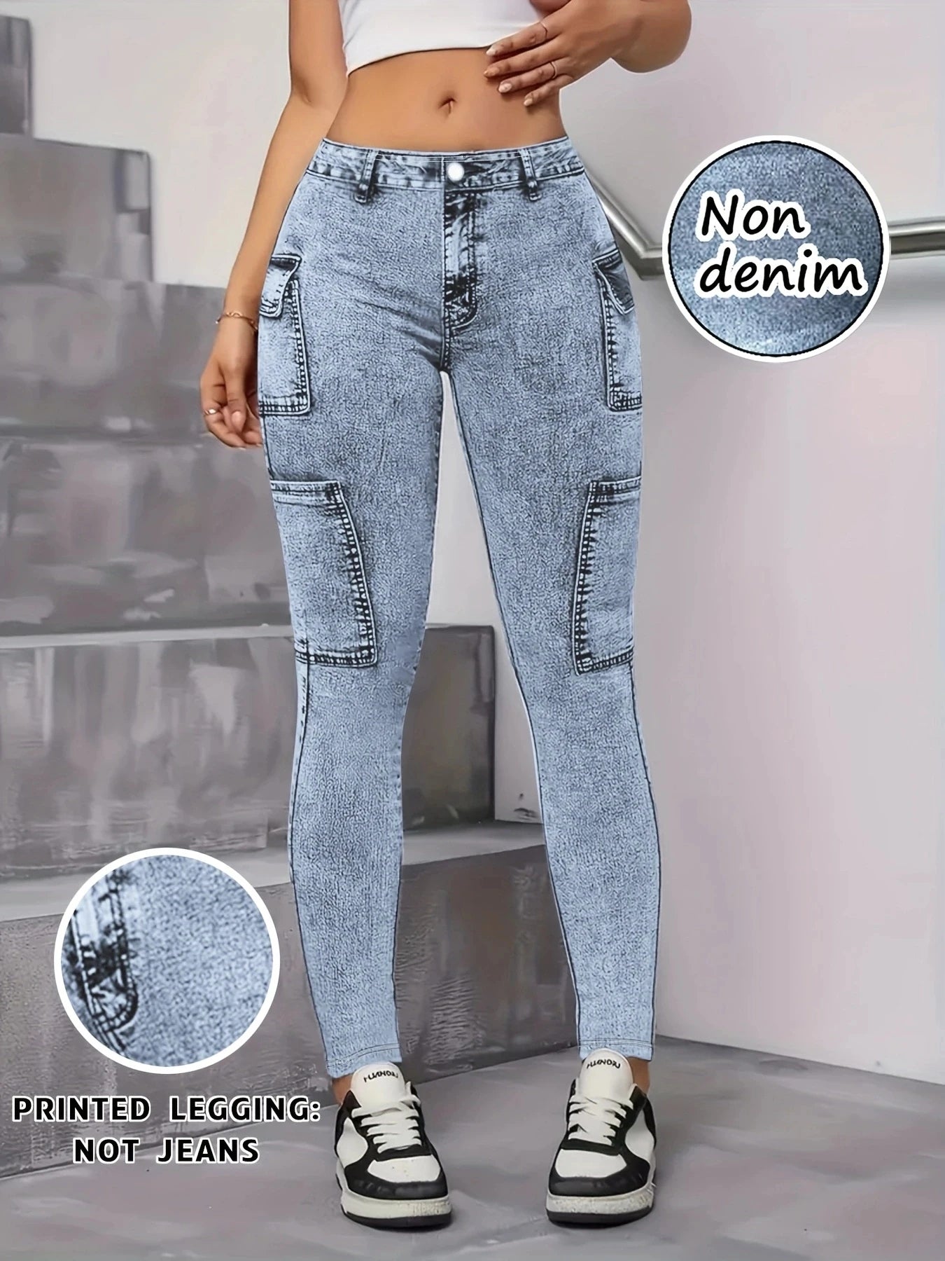 Fashion Printed Faux Denim Skinny Pants, High Waist Elastic Hip Lifting Tummy Control Outerwear Long Leggings