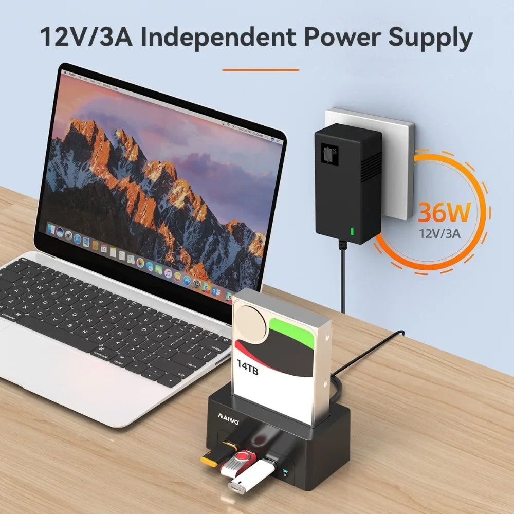 MAIWO HDD Docking Station with USB 3.0 HUB Extension 2.5 3.5 Inch SATA HDD Case Support 24TB with Fast Charge Port HDD Enclosure