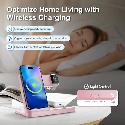 15W Magnetic Wireless Charger Stand Foldable 3 In 1 Fast Charging Sation for iPhone 17- 12 Pro Max Apple Watch 8 7 Airpods Pro
